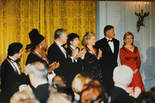 1997, Bill and Hillary Clinton with the 5 Recipients of the Kennedy Center Honors (Edward Villella, Jessye Norman, Charlton Heston, Bob Dylan, and Lauren Bacall).